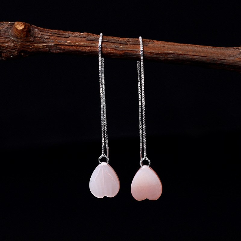 New Cute Long Chain Ear Line S925 Sterling Silver Pink Heart Sea Shell Pendant Dangle Drop Earrings Best Gift for Friend