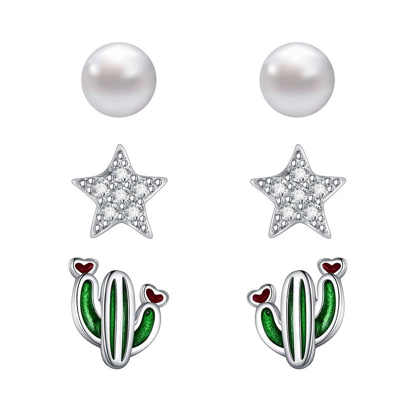 New Delicate Cute Fine Jewelry S925 Sterling Silver 3 Pairs Stud Earrings as One Set Pear Star Cactus Brincos with CZ