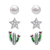 New Delicate Cute Fine Jewelry S925 Sterling Silver 3 Pairs Stud Earrings as One Set Pear Star Cactus Brincos with CZ
