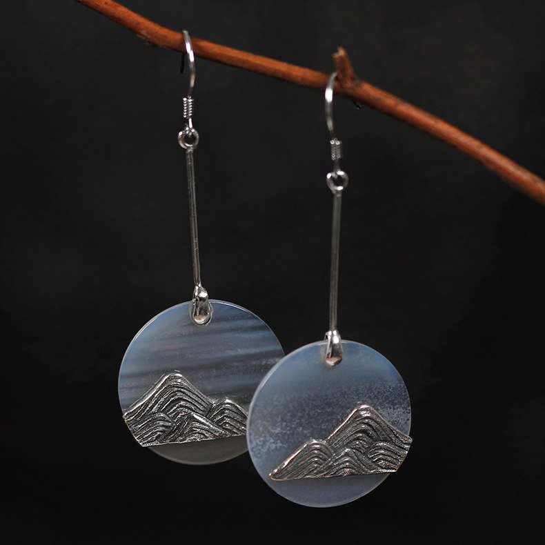 New Delicate Ear Hook S925 Sterling Silver Mountain Shape Inl Round Gr Agate Statement Drop Earrings for Women Brinco