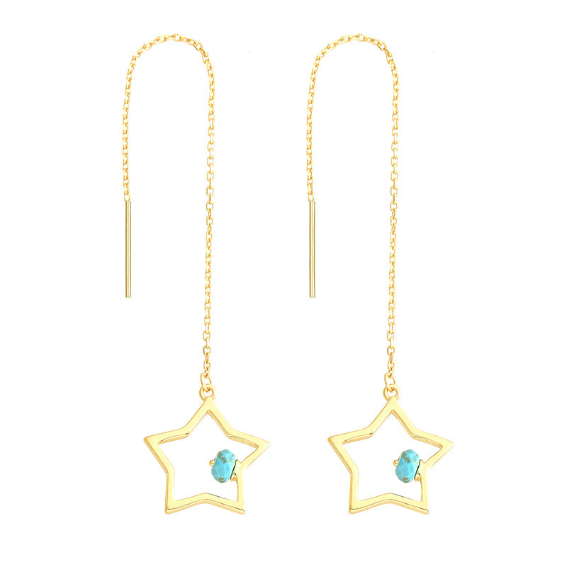 New Delicate Ear Line S925 Sterling Silver Long Chain with Star Single Turquoise Pendant Dangle Drop Earrinngs Jewelry