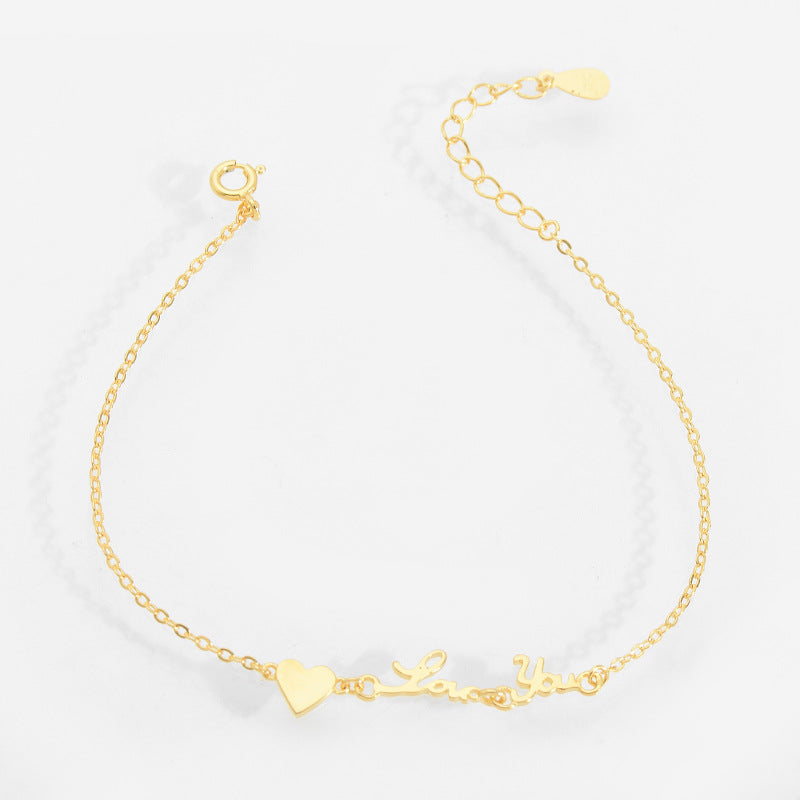 New Delicate Link Chain Charming Bracelet S925 Sterling Silver Gold Plated Inl Heart and LOVE YOU Words Bangle Women