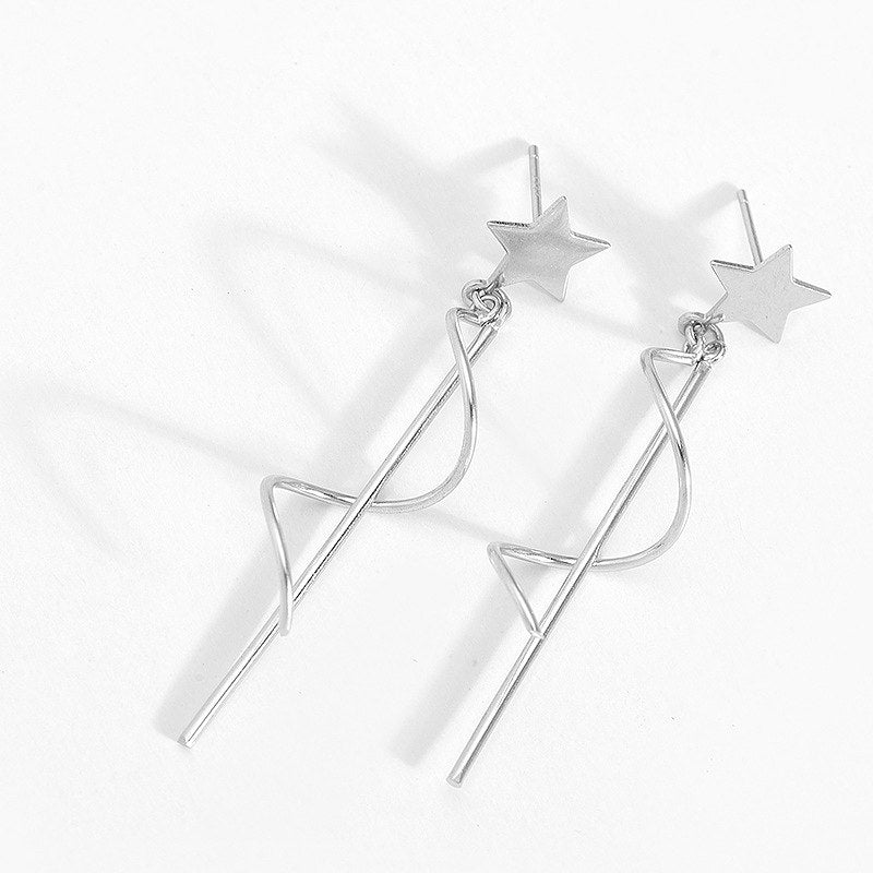 New Drop Earrings 925 Sterling Silver Star with Long Straight Curved Lines Fine Jewelry for Women Wedding Ear Brincos