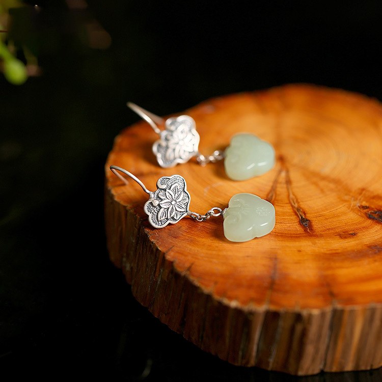 New Ear Hook S925 Silver Natural White Jade Drop Earrings for Women Vintage Ethnic Lotus Brincos Handmade Jasper Bijoux