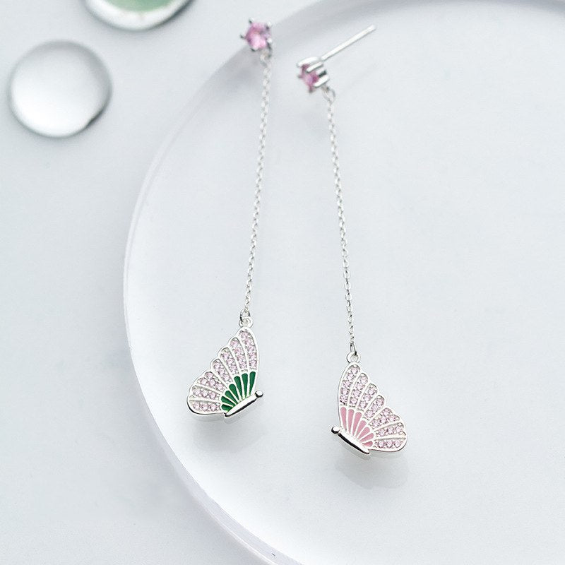 New Elegant Bijoux S925 Sterling Silver Micro Paved Tiny Shining Pink CZ Stone Butterfly Dangle Drop Earrings Girl Brinco