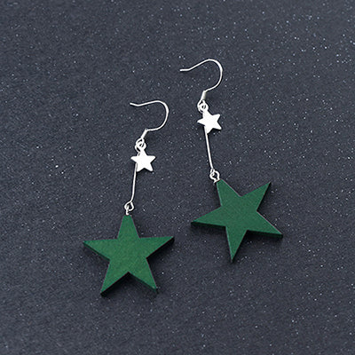 New Elegant Design Ear Hook S925 Sterling Silver Green Wooden Star Pendant Dangle Drop Earrings for Girl Christmas Gift