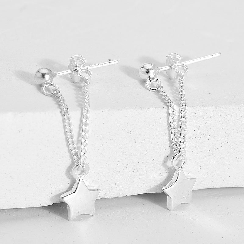 New Elegant Double Side Chain Drop Earrings S925 Sterling Silver Star Pendant Dangle Brincos Delicate Jewelry for Women