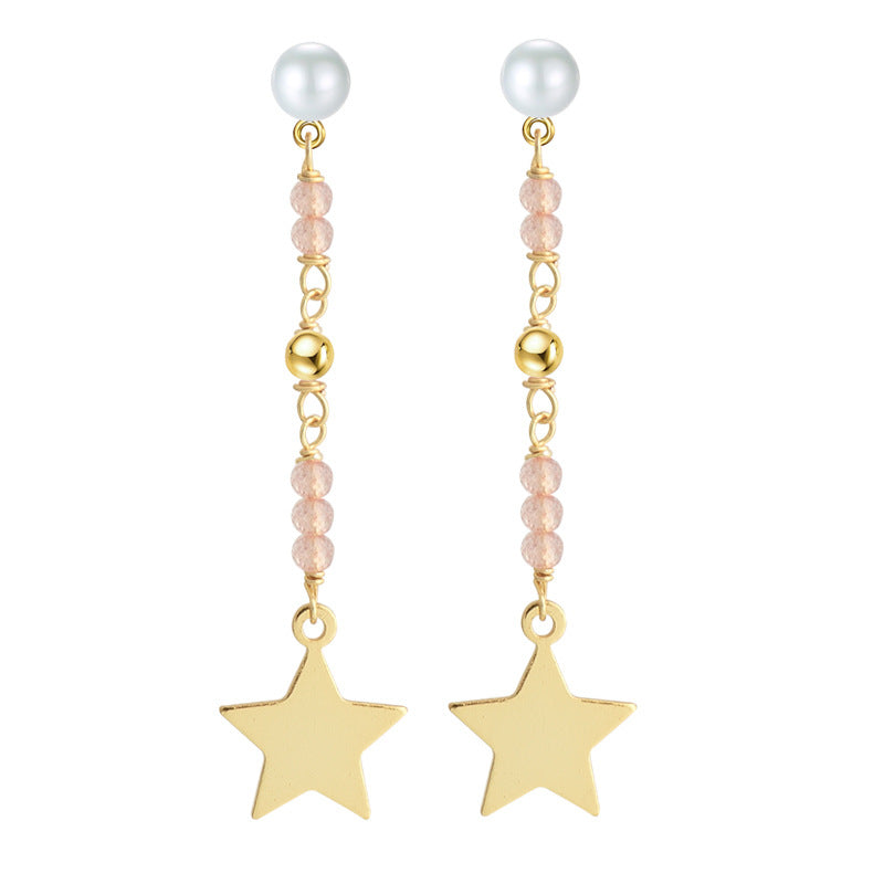 New Elegant Drop Earrings 925 Sterling Silver Star Pendant with Natural Pearl Black Pink Stone Dangle Brincos for Women