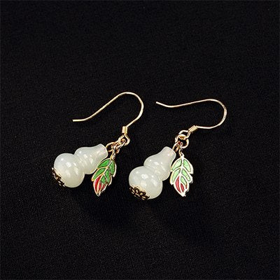 New Elegant Drop Earrings S925 Sterling Silver Gourd Shape Natural Hetian Jade with Multi Leaf Cloisonne Ear Hook Jewelry