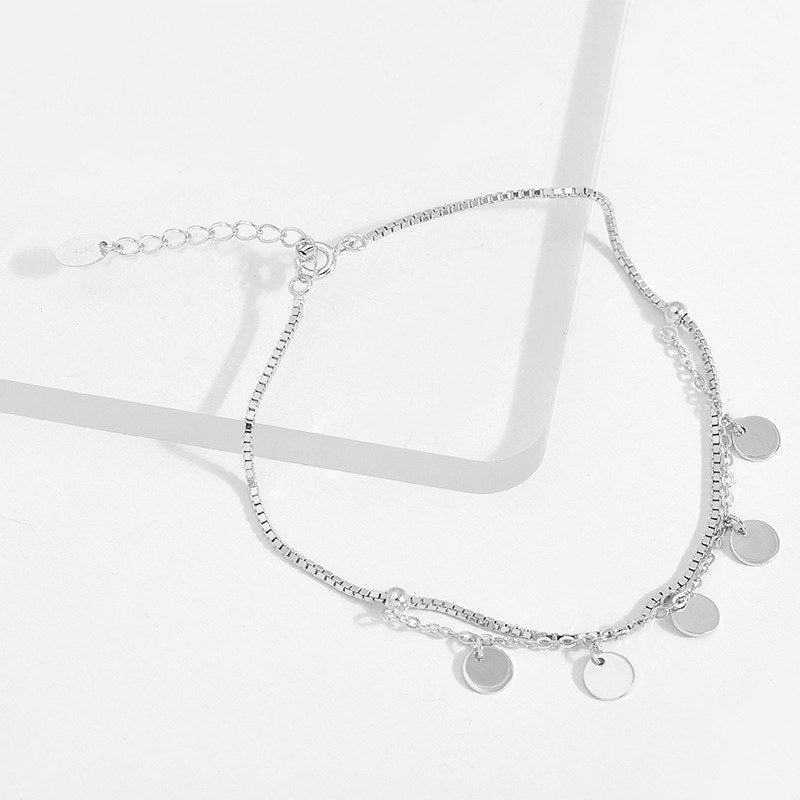 New Elegant Fine Jewelry S925 Sterling Silver Box Chain Charming Bracelet with 5pcs Round Slices Bangle for Women Party