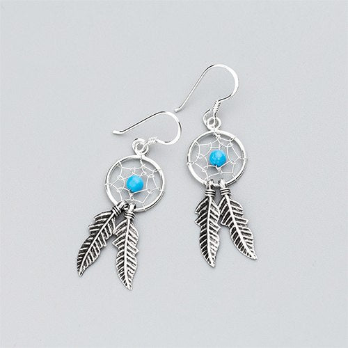 New Ethinic Punk Drop Earring 925 Sterling Silver Single Turquoise Round Net with Feather Dangle Brincos Ear Hook Gift