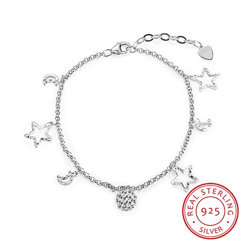 New Fashion 925 Sterling Silver Charm Bracelet for Women Star Moon Round Ball Dangle Fine Jewelry for Women Link Chain