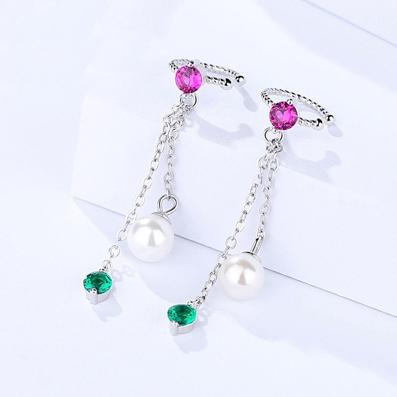 New Fashion Luxurious Long Chain Ear Clip S925 Sterling Silver CZ Crystal with Pearl Pendant Earrings for Girl Brincos