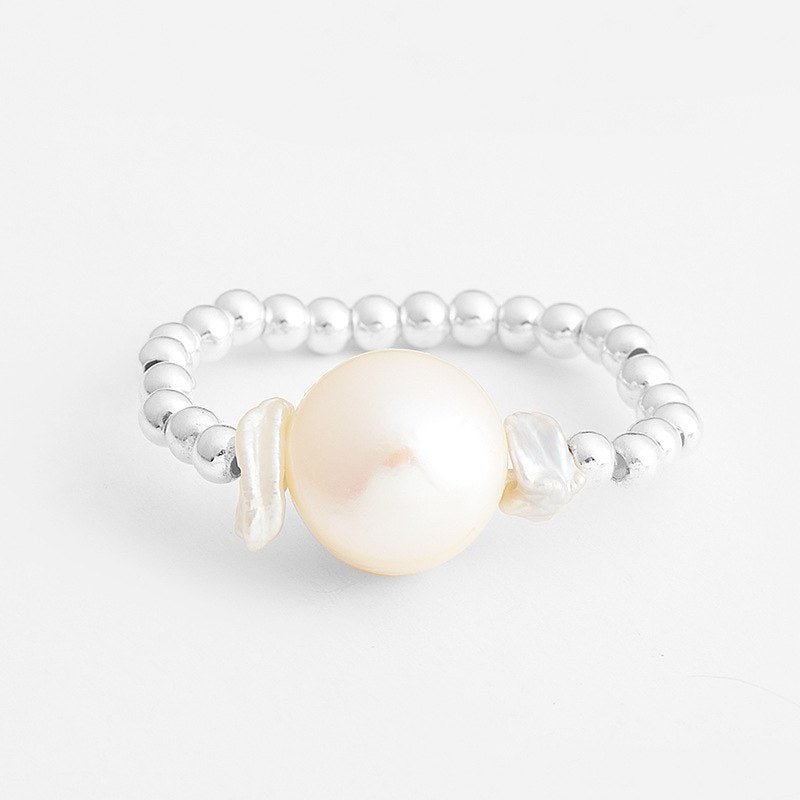 New Fashion S925 Sterling Silver Ring with Gold Color Beads Natural Fresh Water Pearl Finger Accessories Fine Jewelry