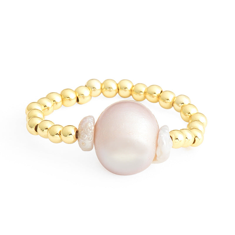 New Fashion S925 Sterling Silver Ring with Gold Color Beads Natural Fresh Water Pearl Finger Accessories Fine Jewelry