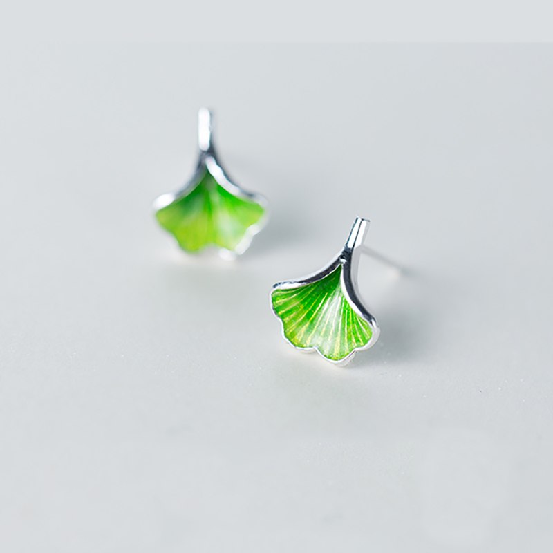 New Fashion Stud Earrings S925 Sterling Silver Ginkgo Flower Leaf Red Green Color Brincos Fine Jewelry for Women Girls