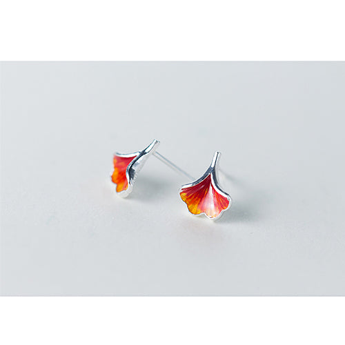 New Fashion Stud Earrings S925 Sterling Silver Ginkgo Flower Leaf Red Green Color Brincos Fine Jewelry for Women Girls