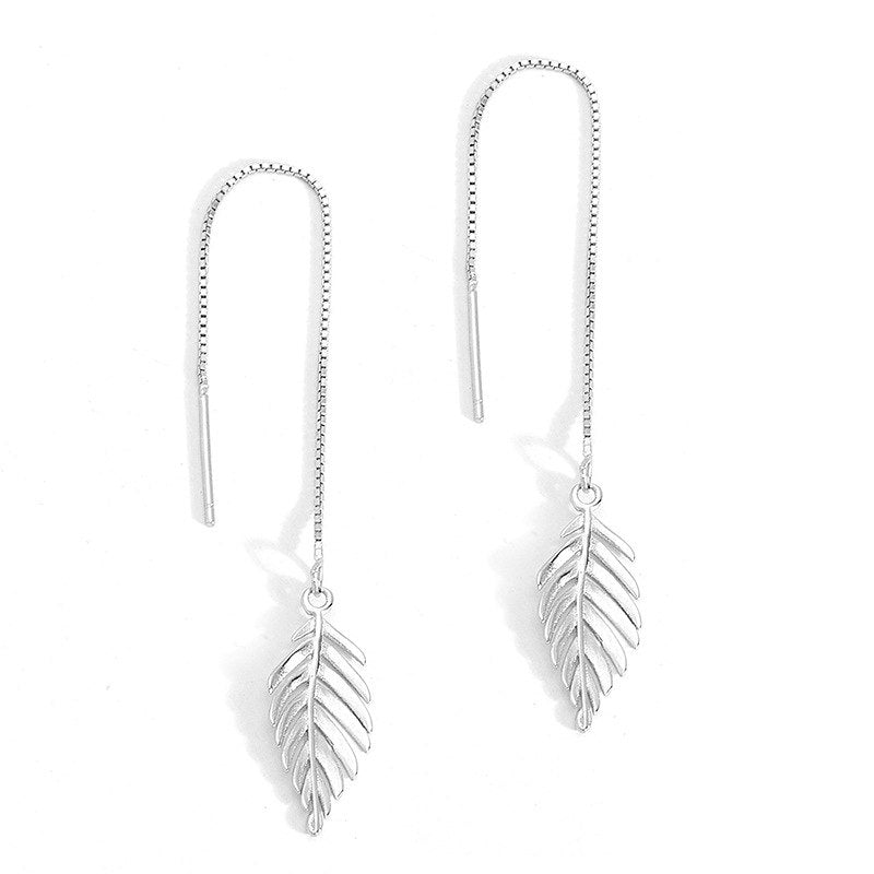 New Fashionable Ear line S925 Sterling Silver Drop Earrings Long Chain with Leaf Shape Pendant Dangle Brincos for Women
