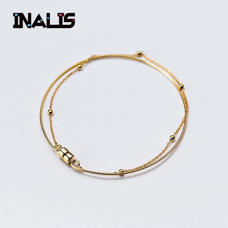 New Fine Jewelry S925 Sterling Silver Delicate Bangle with Chain Bracelet Sets Magnetic Buckle for Women Girl Best Gift