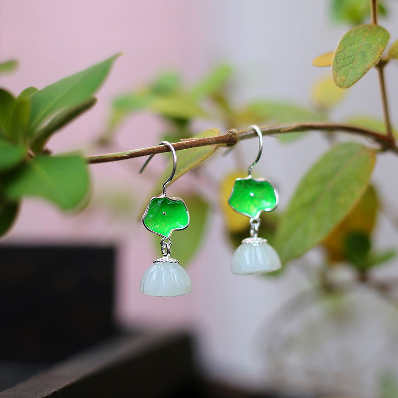 New Jade Lotus Seedpod Leaf Women Ear Hook S925 Sterling Silver Drop Earrings For Women Best Gifts Anniversary Jewelry