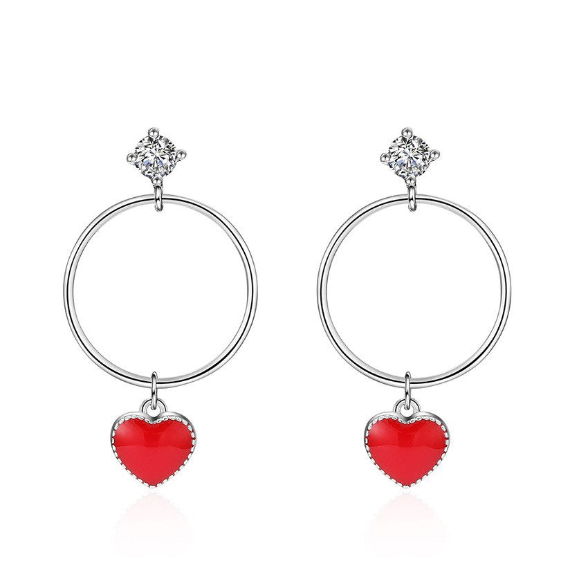 New Korea Style Drop Earrings S925 Sterling Silver Round Circle with Red Heart Pendant Dangle Brincos for Women Party