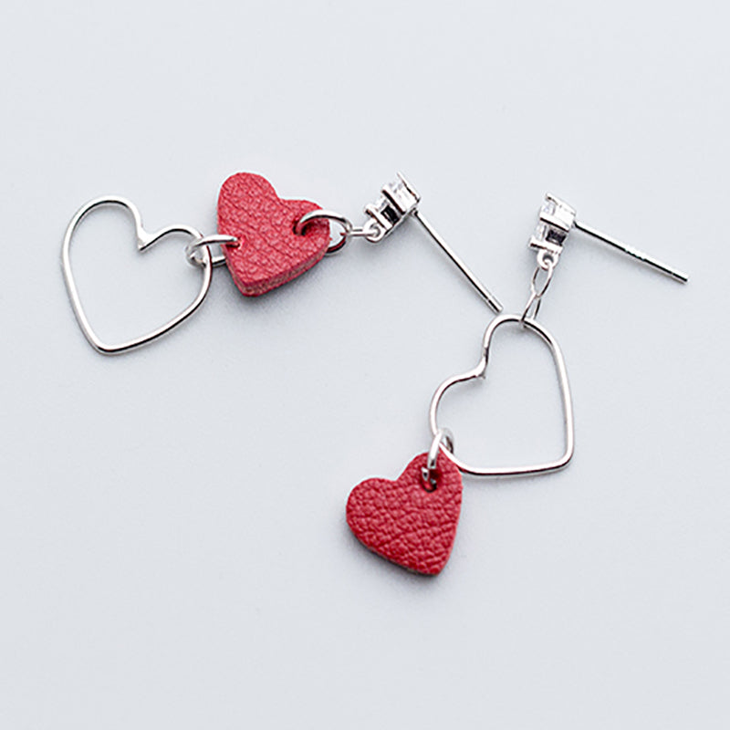 New Lovely Design S925 Sterling Silver Asymmetry Heart Circle with Red Herz Clear CZ Drop Earrings for Women Fine Jewelry
