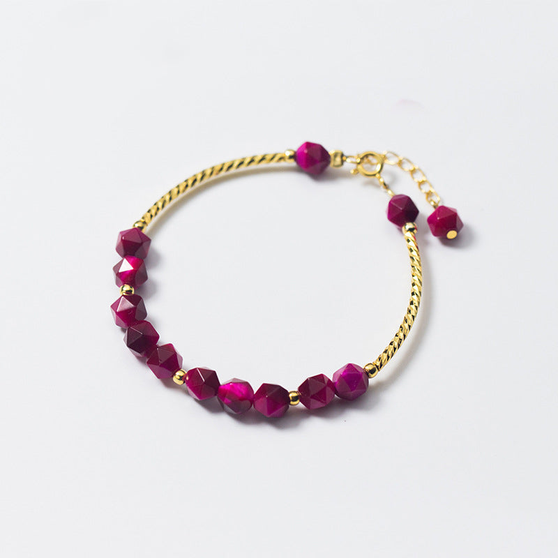 New Luxurious Charming Fine Jewelry S925 Sterling Silver with Rose Red Tiger's Eye Natural Stones Link Chain Bracelet