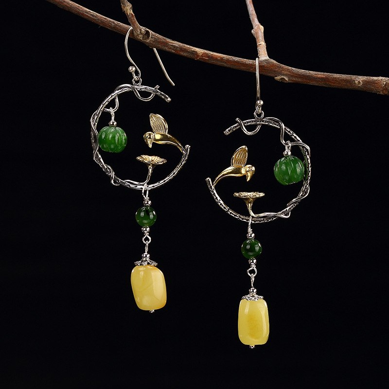 New Luxurious Statement Long Drop Earrings S925 Silver Inl Jasper and Beeswax Birld Shape Ear Hook for Women Jewelry