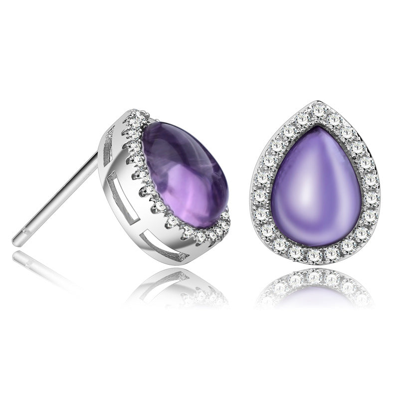 New Luxurious Waterdrop Stud Earrings S925 Sterling Silver Inl Tiny Clear CZ Stone with Purple Rose Quartz Brincos Gift
