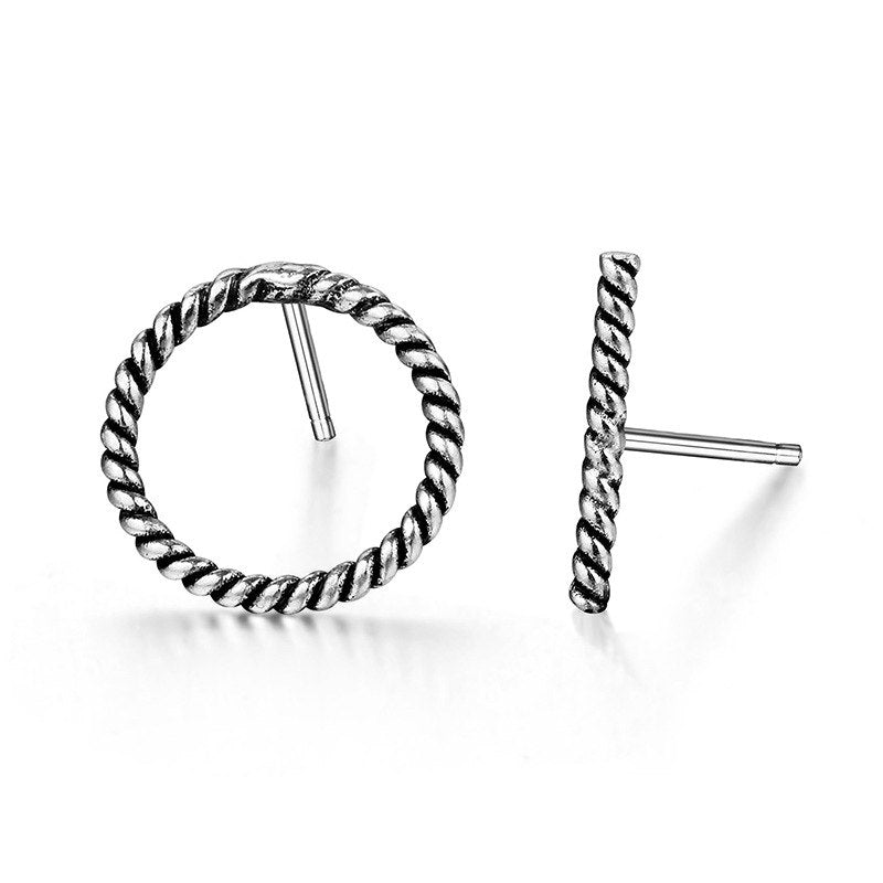 New Retro Round Circel with Strip Asymmetry Spiral Pattern Stud Earrings S925 Sterling Thai Silver Black Color Brincos