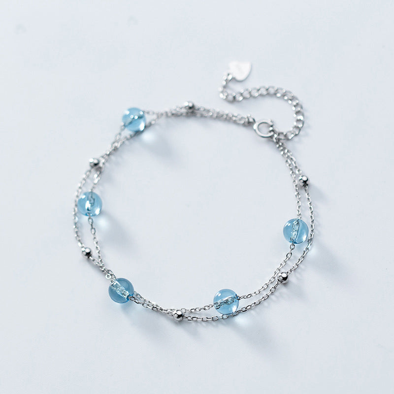 New S925 Silver pulseira Simple Adjustable Jewelry Double Chain with Blue Crystal Ball Bracelets Bangles For Women Bijoux