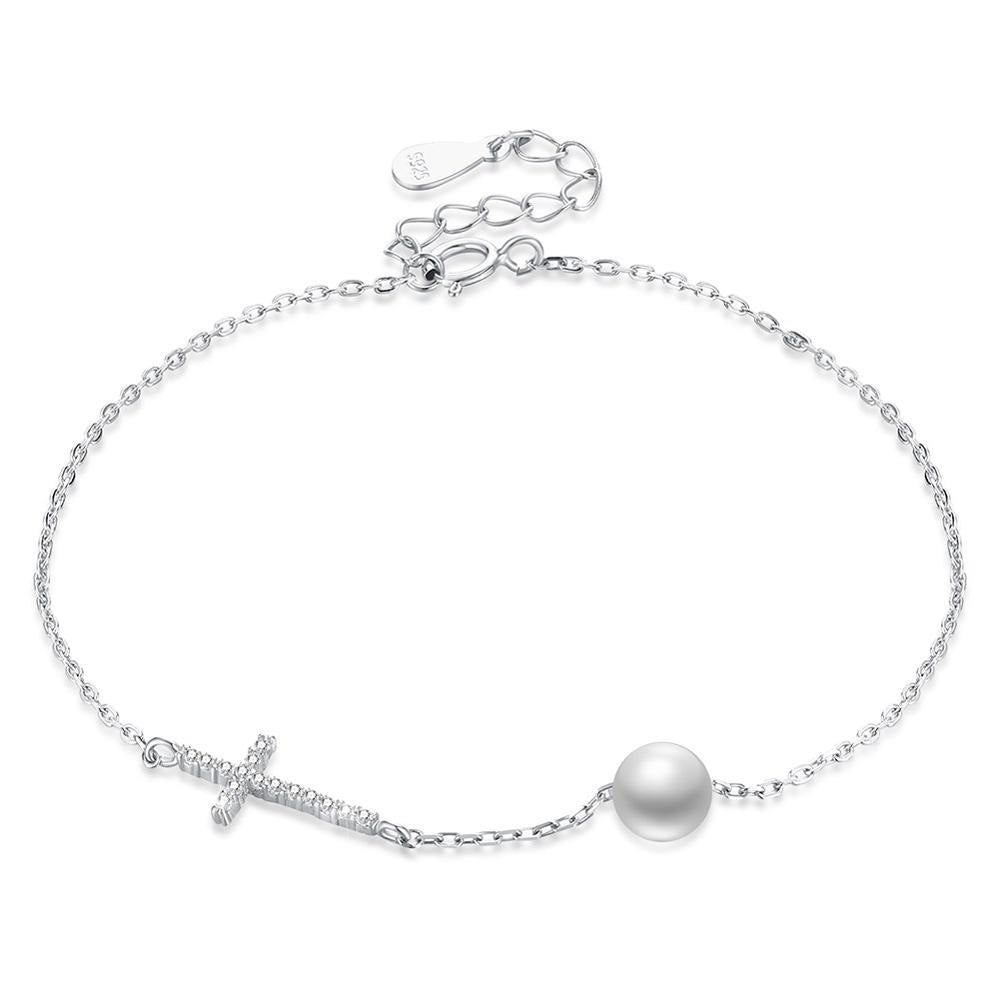 New Simple Design Link Chain Charming Bracelet S925 Sterling Silver Micro Paved CZ Crystal Cross with Single Pearl Bijoux