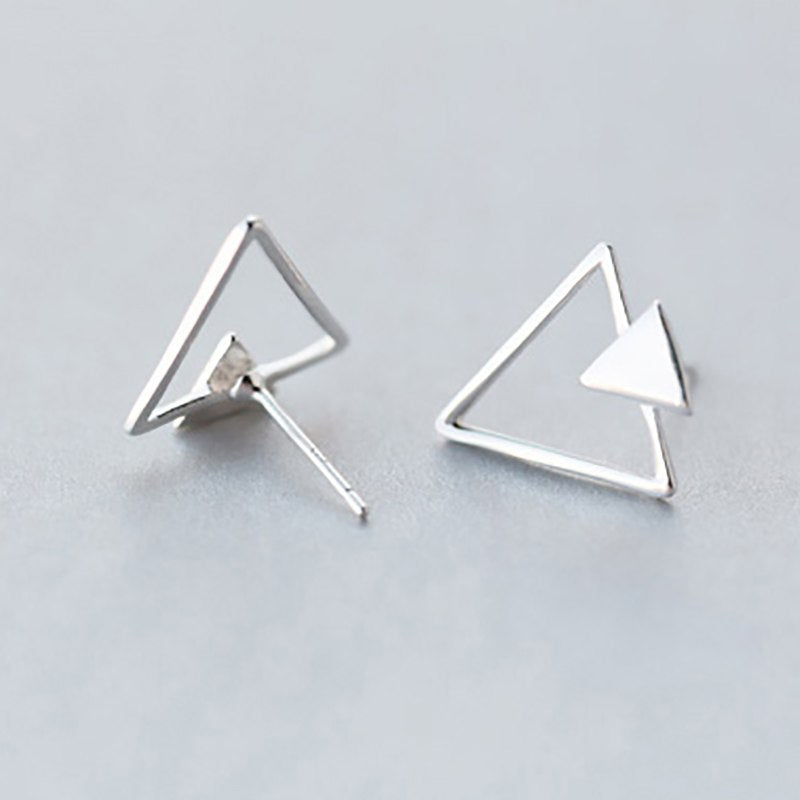 New Simple Design S925 Sterling Silver Double Triangle Geometric Stud Earrings for Women Fine Jewelry Brincos Bijoux