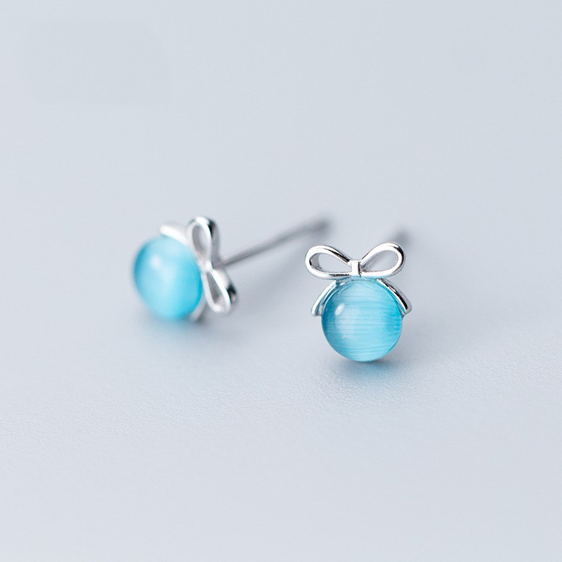 New Simple Jewelry Stud Earrings For Women Wedding Elegant S925 Sterling Silver Bowknot Blue Stone Crystal Brincos Bijoux
