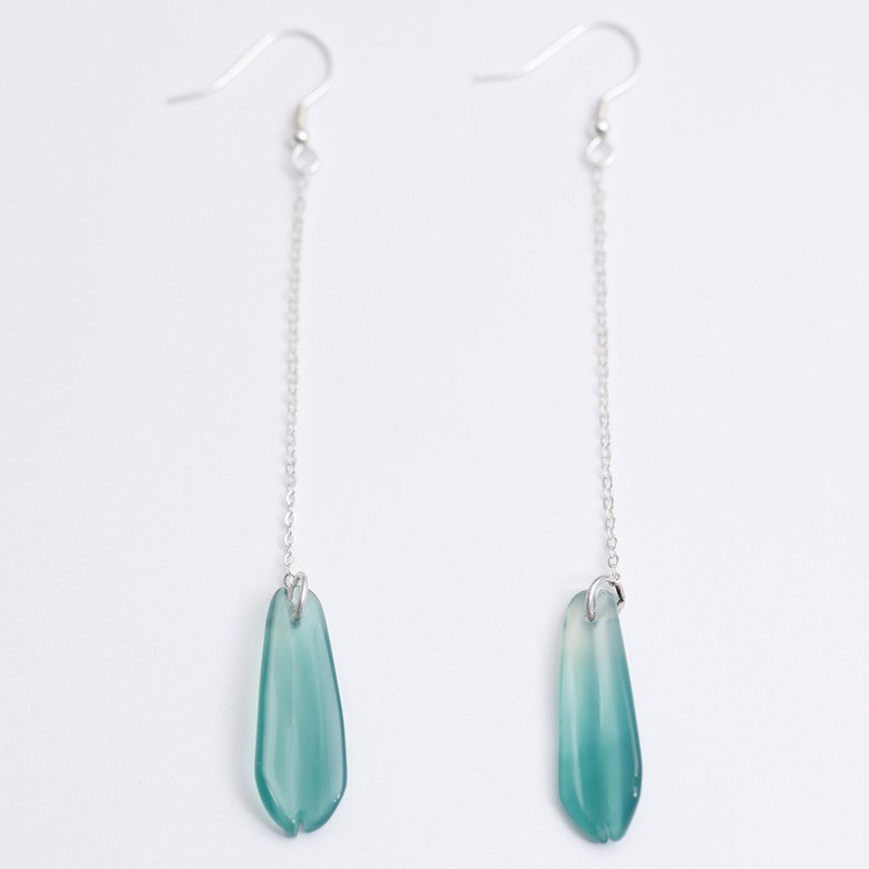 New Simple Unique Design Long Chain Ear Hook S925 Sterling Silver Petal Emerals Jade Dangle Drop Earrings for Girl Brinco