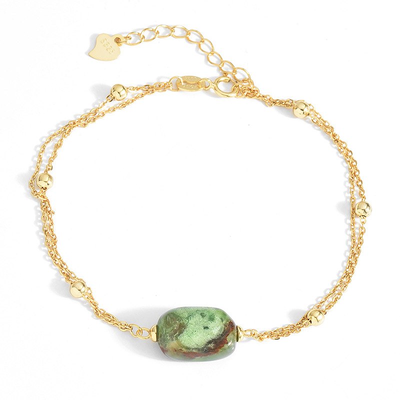 New Statement Double Chain Charming Bracelet S925 Sterling Silver Yellow Gold Plated with Beads and Natural Stone Bangle