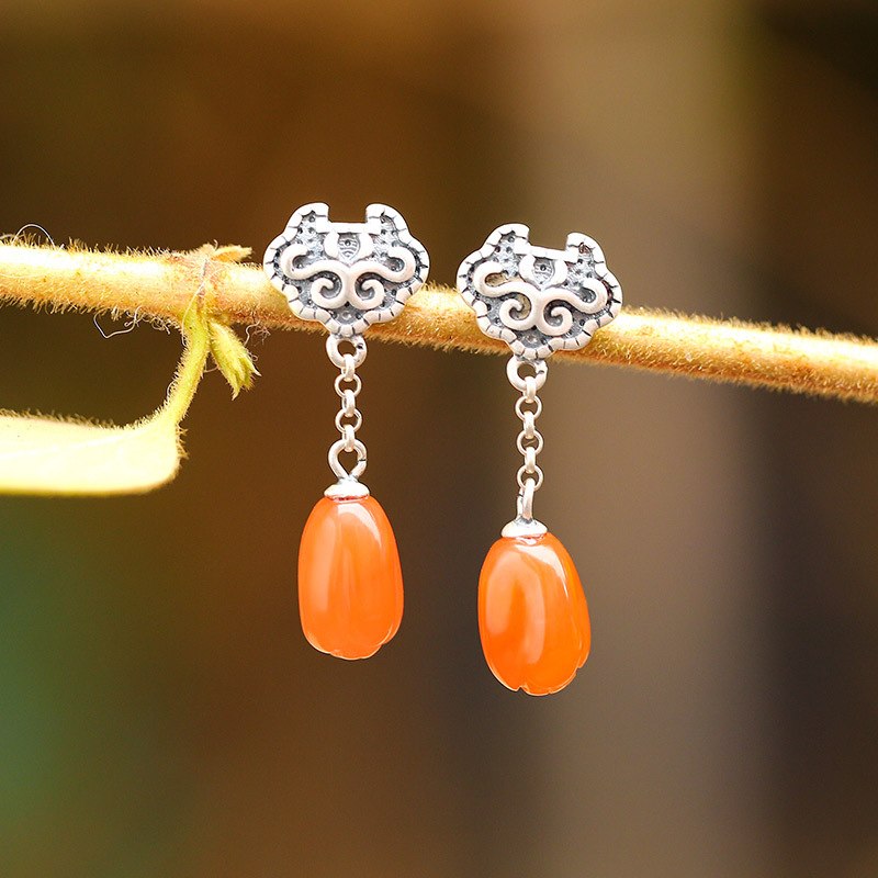 New Statement Drop Earrings S925 Sterling Silver Oval Pumpkin Orange Natural Jade Dangle Wishful Shape Brincos for Women