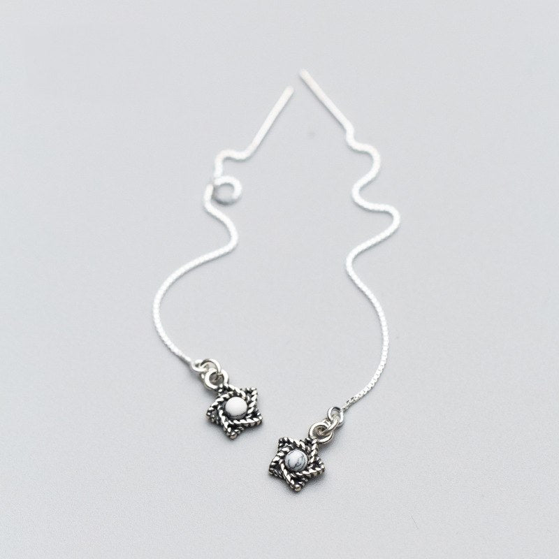 New Statement Long Chian Ear Line 925 Sterling Silver Gun Black Star Dangle with Turquoise Stone Drop Earrings for Women