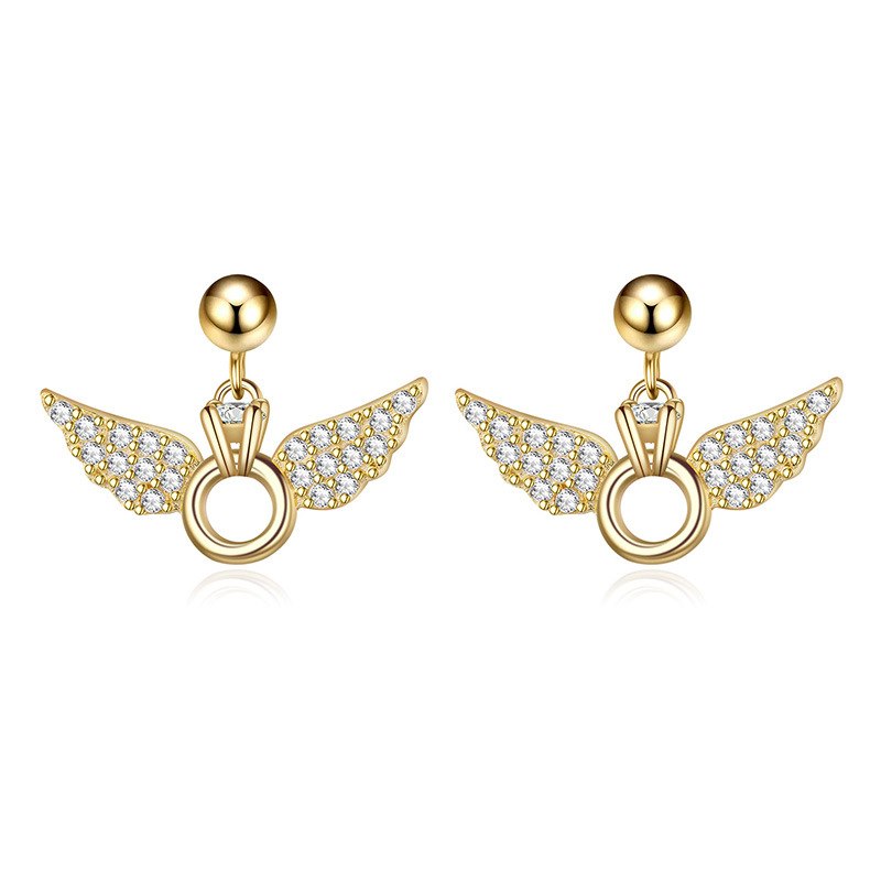 New Sweety Stud Earrings S925 Sterling Silver Angle Wings Shape Brincos Micro Paved CZ Crystal Fine Jewelry Gold Plated
