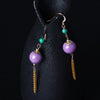 New Unique Ear Hook S925 Sterling Silver Inl Round Turquoise and Violet Chain Tassel Dangle Gold Color Drop Earrings