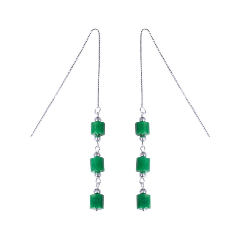 New Unique Long Ear Line Chain Brincos S925 Sterling Silver Cylinder Emerald Jade Fashion Drop Dangle Earring Jewelry