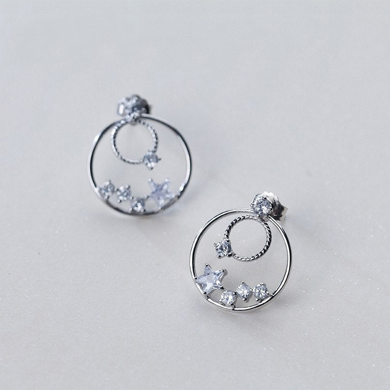 New Vintage Fine Jewelry S925 Sterling Silver Double Round Circle with Star Clear CZ Crystal Stu Earrings for Girl Brinco