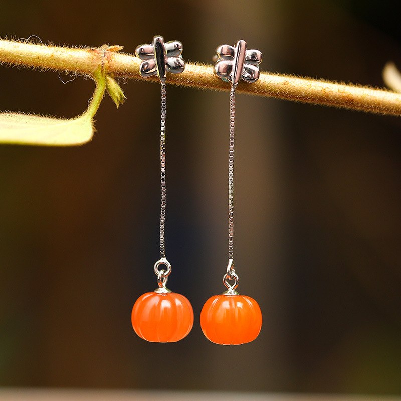 New Vintage Long Chain Drop Earrings S925 Sterling Silver Single Orange Pumpkin Jade Pendant Dangle Brincos for Women