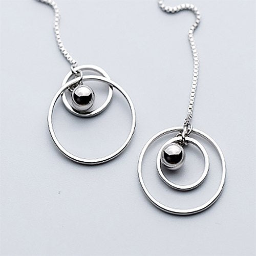 New Vintage S925 Sterling Silver Link Chain Ear Line Round Circel Ball Dangle Pendant Drop Earrings for Women Jewelry