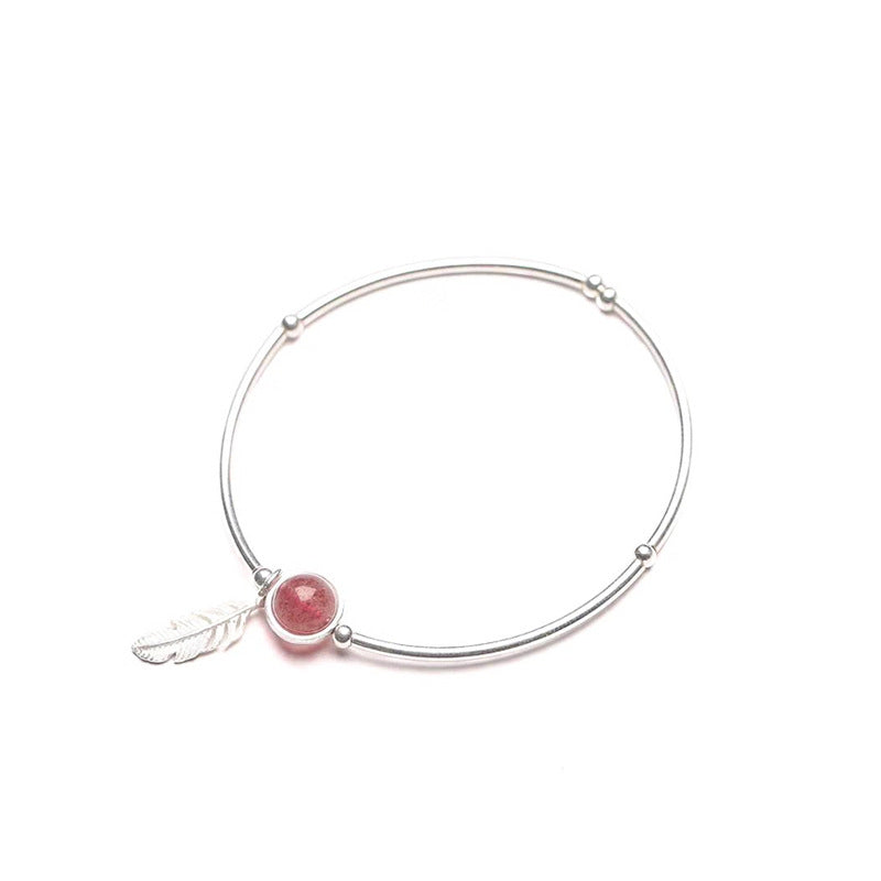Newest Elegant Bracelet S925 Sterling Silver Pink Strawberry Quartz Crystal Bead Feather Bangle for Women Girl Jewelry