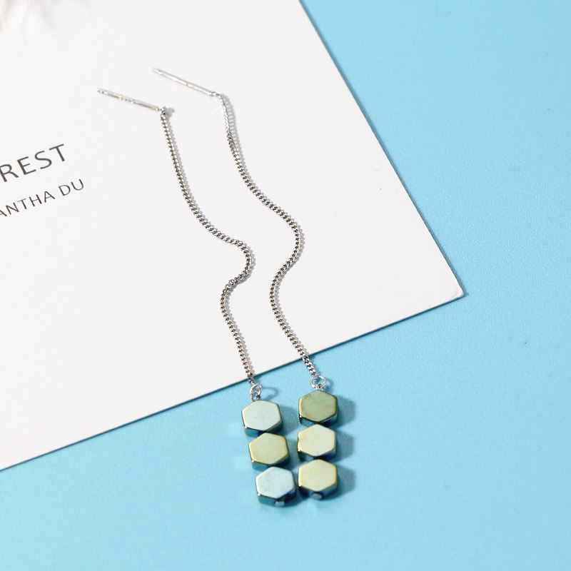 Newest Unique Fashion Drop Earrings S925 Sterling Silver Long Ear Chain Hexagon Geometric Pendant Dangle Brincos Jewelry