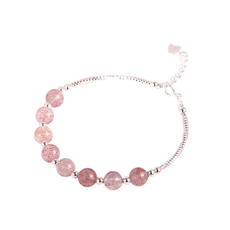 Newest Vintage Beaded Bracelet 925 Sterling Silver Eight Pcs Pink Strawberry Quartz Crystal Bangle for Women Girl Jewelry