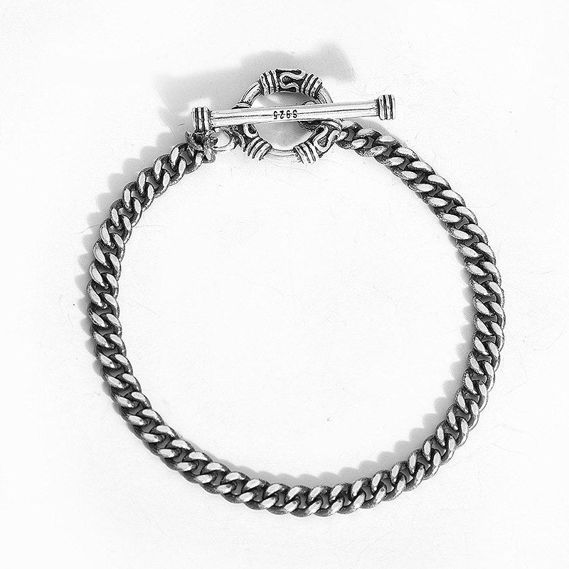 Newest Vintage Statement Punk Style S925 Sterling Silver Curb Cuban Link Chain Bangle for Man Women Bar Party Jewelry