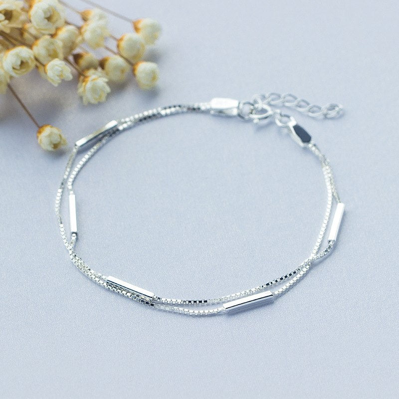 Personality New Art 925 Sterling Silver Jewelry Female Simple Bar Round Stick Double High-quality Popular Charm Bracelet
