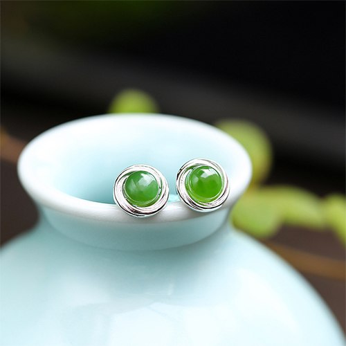 Simple Design 925 Sterling Silver Round Flower Stud Earrings Statement Natural Jader Jasper Brincos for Women Jewelry